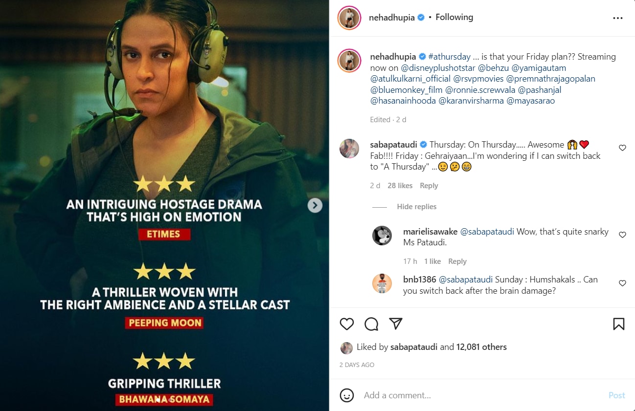 Saba Ali Khan commented on Neha Dhupia’s Instagram post.