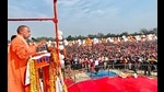 Chief minister Yogi Adityanath addressing a rally for Assembly polls in Ayodhya on Tuesday. (Agency)
