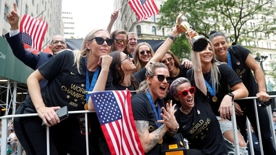 Megan Rapinoe, Ashlyn Harris and Alex Morgan at Women's World Cup Champions Parade in 2019 (REUTERS/File Photo)