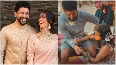 Shibani Dandekar applied mehendi on Farhan Akhtar's wrist. Shibani Dandekar applied mehendi on Farhan Akhtar's wrist.