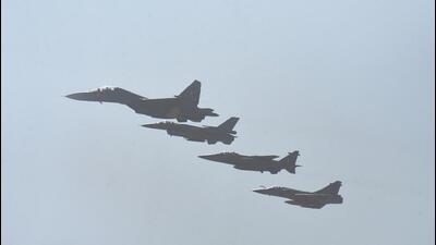 India's fighter aircraft Sukhoi-30 and Oman's F-16s take part in the 'Eastern Bridge-VI' exercise between the Indian Air Force and Air Force of Oman at Jodhpur Air Force Station on February 21, 2022. (PTI) India's fighter aircraft Sukhoi-30 and Oman's F-16s take part in the 'Eastern Bridge-VI' exercise between the Indian Air Force and Air Force of Oman at Jodhpur Air Force Station on February 21, 2022. (PTI)