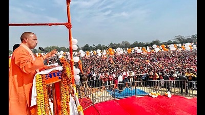 Chief minister Yogi Adityanath addressing a rally for Assembly polls in Ayodhya on Tuesday. (Agency)