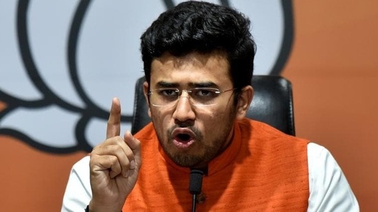 File photo of BJP MP Tejasvi Surya addressing a &nbsp;press conference.(ANI)
