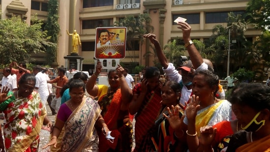 DMK supporters celebrate the party's win in the urban local body elections, at the party headquarters, in Chennai on Tuesday.&nbsp;(ANI)