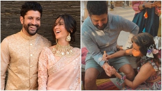 Shibani Dandekar applied mehendi on Farhan Akhtar's wrist.