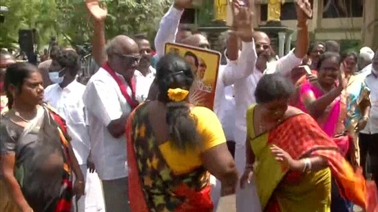 Several DMK supporters and cadres were found celebrating the party’s performance outside its headquarters in Chennai, following the counting.(Twitter/@ANI) Several DMK supporters and cadres were found celebrating the party’s performance outside its headquarters in Chennai, following the counting.(Twitter/@ANI)