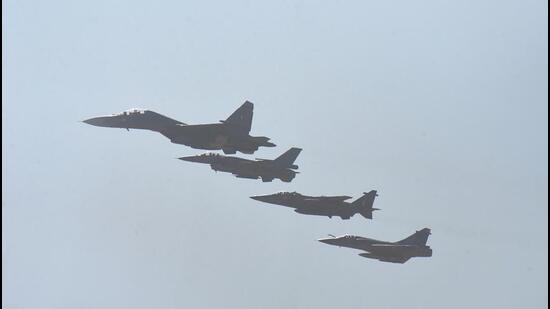 India's fighter aircraft Sukhoi-30 and Oman's F-16s take part in the 'Eastern Bridge-VI' exercise between the Indian Air Force and Air Force of Oman at Jodhpur Air Force Station on February 21, 2022. (PTI)