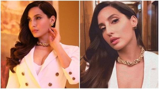 Nora Fatehi gives us boss babe vibes in a formal pastel green blazer skirt  set from Onarin