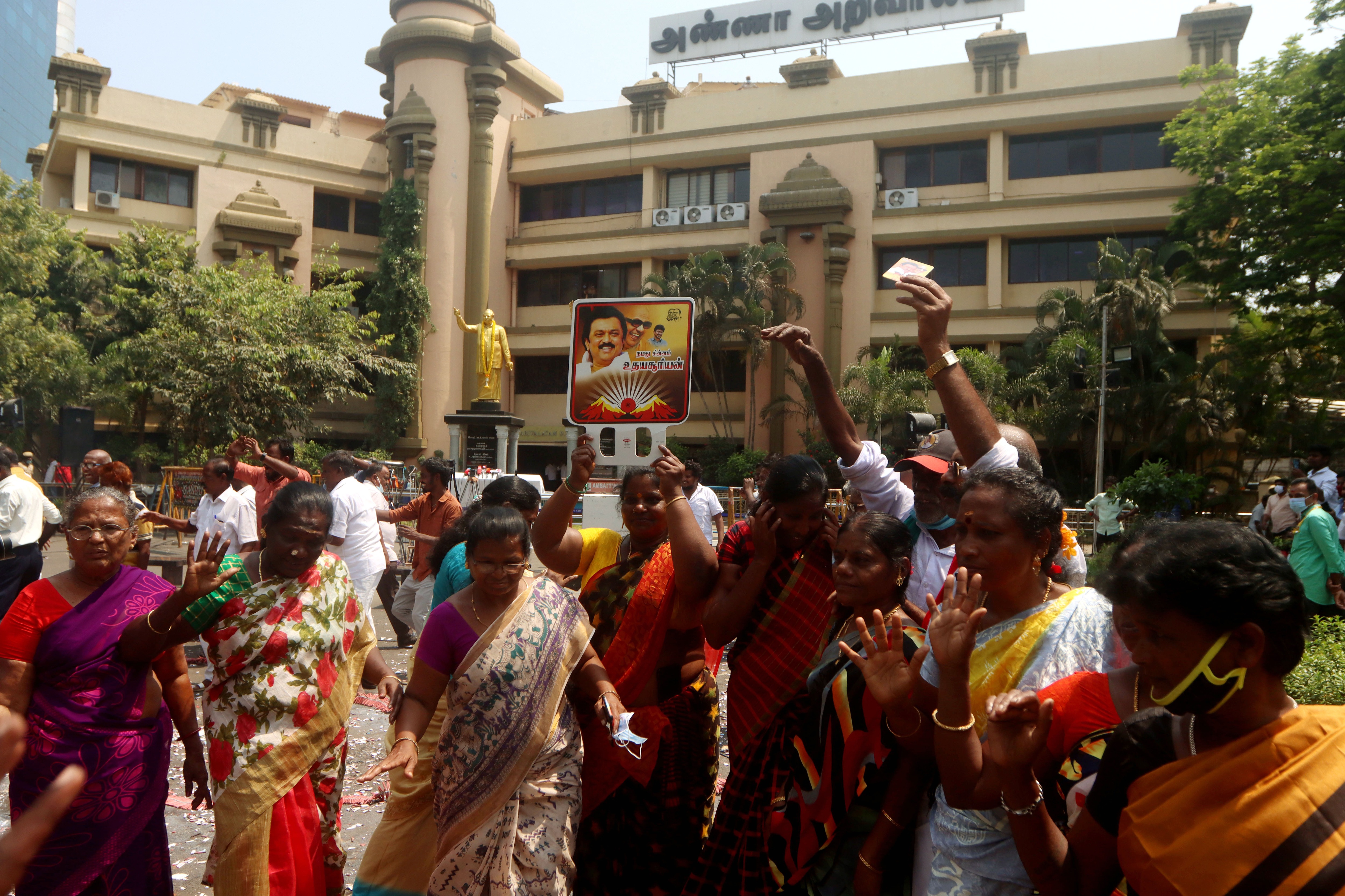 DMK supporters celebrate the party's win in the urban local body elections, at the party headquarters, in Chennai on Tuesday.&nbsp; (ANI)