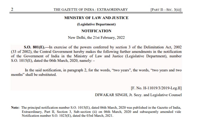 The Centre issued a note to extend the delimitation commission's tenure by two more months The Centre issued a note to extend the delimitation commission's tenure by two more months