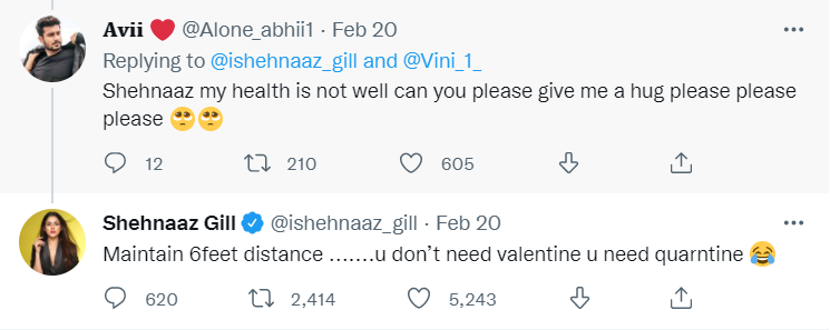 Shehnaaz Gill gave a funny reply to a fan who asked her for a hug.