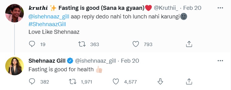 Shehnaaz Gill also replied to a fan who threatened to not eat if she did not reply.