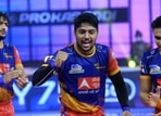 U.P Yoddha captain Nitesh Kumar (centre) celebrates a point in PKL Season 8. (PKL) U.P Yoddha captain Nitesh Kumar (centre) celebrates a point in PKL Season 8. (PKL)