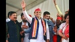 Samajwadi Party President Akhilesh Yadav waves at the people, during an election campaign rally for UP Assembly elections, in Barabanki. (PTI)