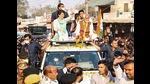 Congress General Secretary Priyanka Gandhi Vadra waves to the crowd during a roadshow, in Amethi on Wednesday. (ANI)