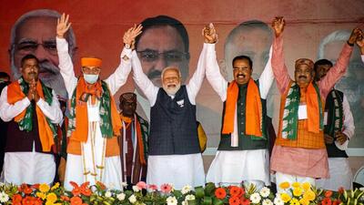 Prime Minister Narendra Modi with other BJP leaders, during an election campaign rally for the ongoing UP assembly elections at Kaushambi district, in Prayagraj on Wednesday. (PTI) Prime Minister Narendra Modi with other BJP leaders, during an election campaign rally for the ongoing UP assembly elections at Kaushambi district, in Prayagraj on Wednesday. (PTI)