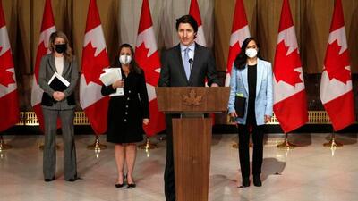 Canada's Prime Minister Justin Trudeau speaks at a news conference about the situation in Ukraine with Canada's Minister of Foreign Affairs Melanie Joly, Canada's Deputy Prime Minister and Minister of Finance Chrystia Freeland, and Canada's Defence Minister Anita Anand, in Ottawa, Ontario, Canada. (REUTERS)