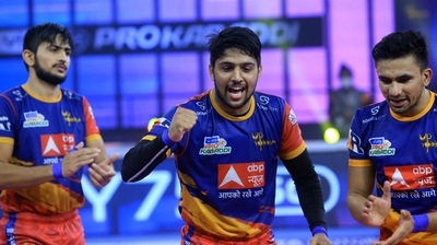 U.P Yoddha captain Nitesh Kumar (centre) celebrates a point in PKL Season 8. (PKL) U.P Yoddha captain Nitesh Kumar (centre) celebrates a point in PKL Season 8. (PKL)