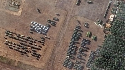 A satellite image shows a close up of assembled vehicles at V D Bolshoy Bokov airfield, near Mazyr, Belarus, February 22, 2022. Courtesy of Satellite image ©2022 Maxar Technologies, (via REUTERS)