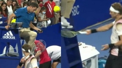 Alexander Zverev smashes his racquet repeatedly on the umpire's chair (Screengrab) Alexander Zverev smashes his racquet repeatedly on the umpire's chair (Screengrab)