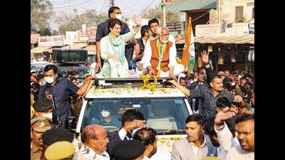 Congress General Secretary Priyanka Gandhi Vadra waves to the crowd during a roadshow, in Amethi on Wednesday. (ANI) Congress General Secretary Priyanka Gandhi Vadra waves to the crowd during a roadshow, in Amethi on Wednesday. (ANI)