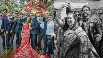 Farhan, on the other hand, complemented his bride in a dapper black tuxedo. The actor chose a notch lapelled blazer and teamed it with a black silk pinstriped shirt, matching pants, a bow tie, dress shoes, a solitary white brooch and vintage sunglasses. He completed the dapper look with groomed beard and a sleek hairdo. (Instagram/@faroutakhtar, @shibanidandekar) Farhan, on the other hand, complemented his bride in a dapper black tuxedo. The actor chose a notch lapelled blazer and teamed it with a black silk pinstriped shirt, matching pants, a bow tie, dress shoes, a solitary white brooch and vintage sunglasses. He completed the dapper look with groomed beard and a sleek hairdo. (Instagram/@faroutakhtar, @shibanidandekar)