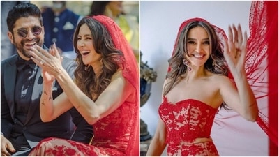 Shibani rounded off her wedding day look with centre-parted open tresses, nude lip shade, soft make-up look, mascara-adorned lashes, matching pumps, a stunning engagement ring, and red gemstone adorned earrings. (Instagram/@faroutakhtar, @shibanidandekar) Shibani rounded off her wedding day look with centre-parted open tresses, nude lip shade, soft make-up look, mascara-adorned lashes, matching pumps, a stunning engagement ring, and red gemstone adorned earrings. (Instagram/@faroutakhtar, @shibanidandekar)