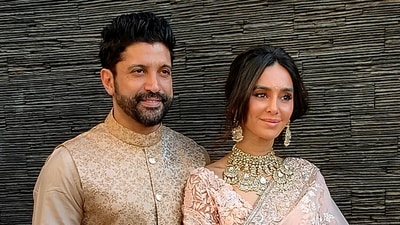 Farhan Akhtar with his wife Shibani Dandekar pose for a picture. (Sunil Khandare) Farhan Akhtar with his wife Shibani Dandekar pose for a picture. (Sunil Khandare)