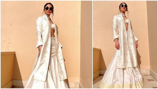 Rakul Preet's lehenga features golden borders and it comes with an embroidered sequins cape and a bralette.(Instagram/@rakulpreet)
