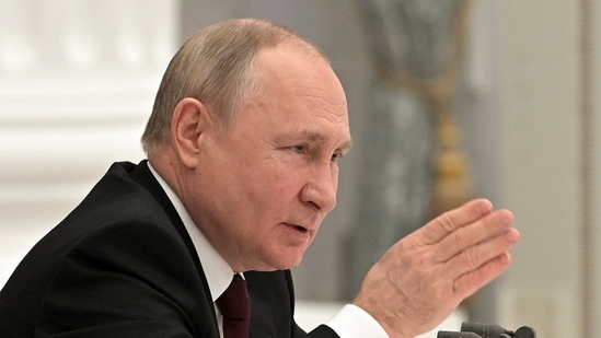 Russian President Vladimir Putin speaks during a Security Council meeting in the Kremlin in Moscow, Russia, Monday, Feb. 21, 2022. (Alexei Nikolsky, Sputnik, Kremlin Pool Photo via AP)(AP)