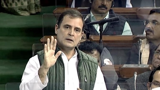 Congress leader Rahul Gandhi speaking in Parliament. (ANI)