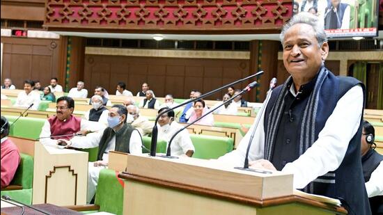 Jaipur, Feb 23 (ANI): Rajasthan Chief Minister Ashok Gehlot presenting State budget for the Year 2022-23 during the budget session, at State Assembly, in Jaipur on Wednesday. (ANI Photo) (Ashok Sharma)