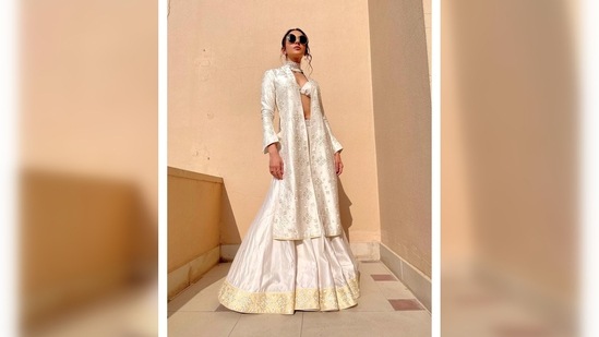 Rakul Preet kept her look chic as she accessorised with a white choker and round vintage shades.(Instagram/@rakulpreet)
