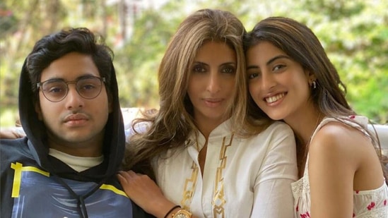 Navya Naveli Nanda with her mother Shweta Bachchan and brother Agastya.