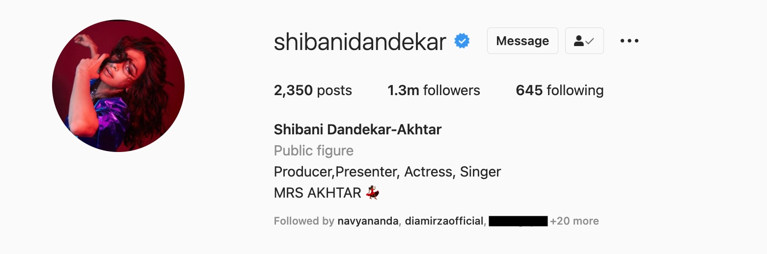 Shibani Dandekar's profile.