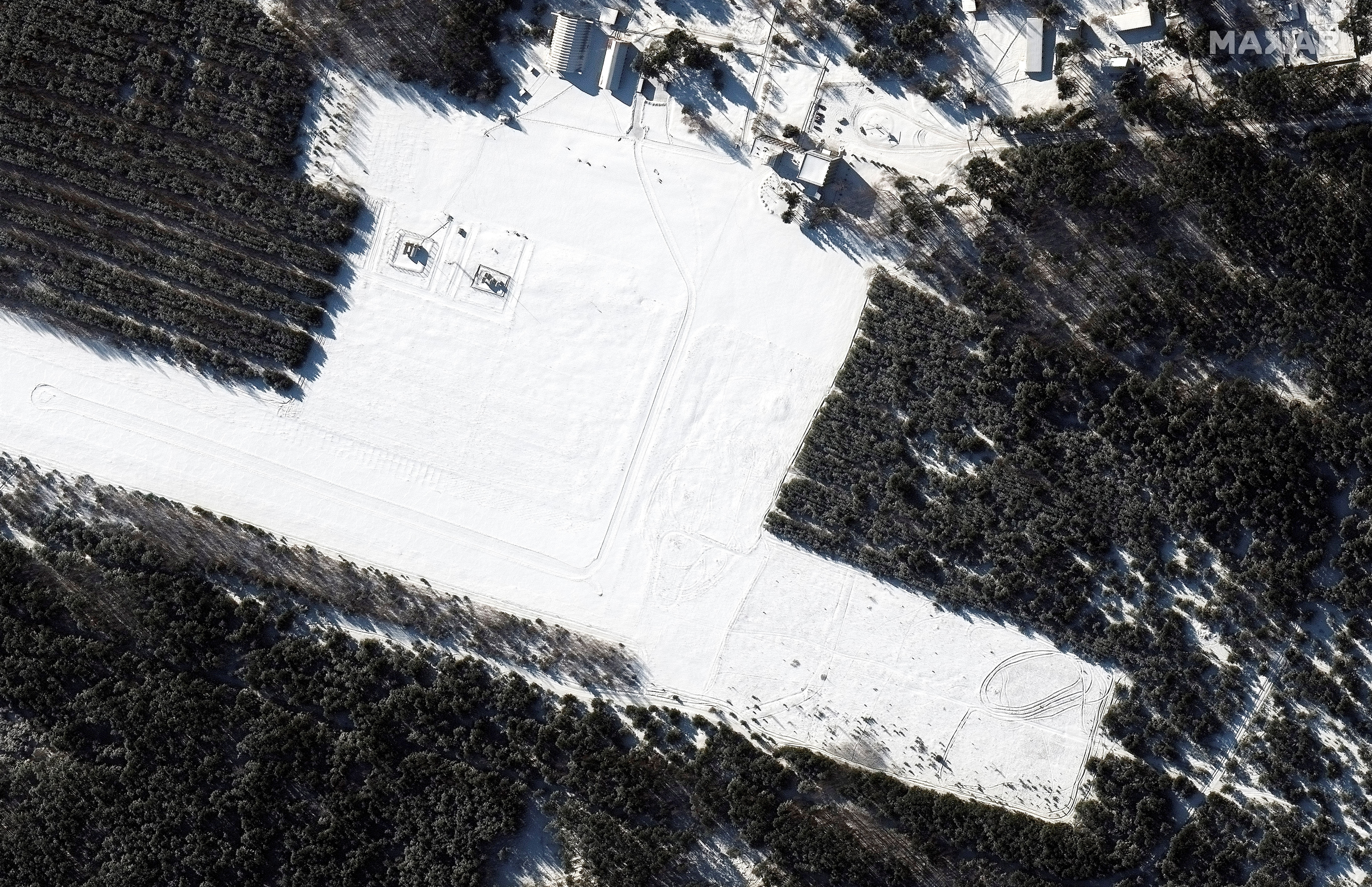 A satellite image shows an overview of V D Bolshoy Bokov airfield before a deployment, near Mazyr, Belarus, February 4. (via REUTERS)