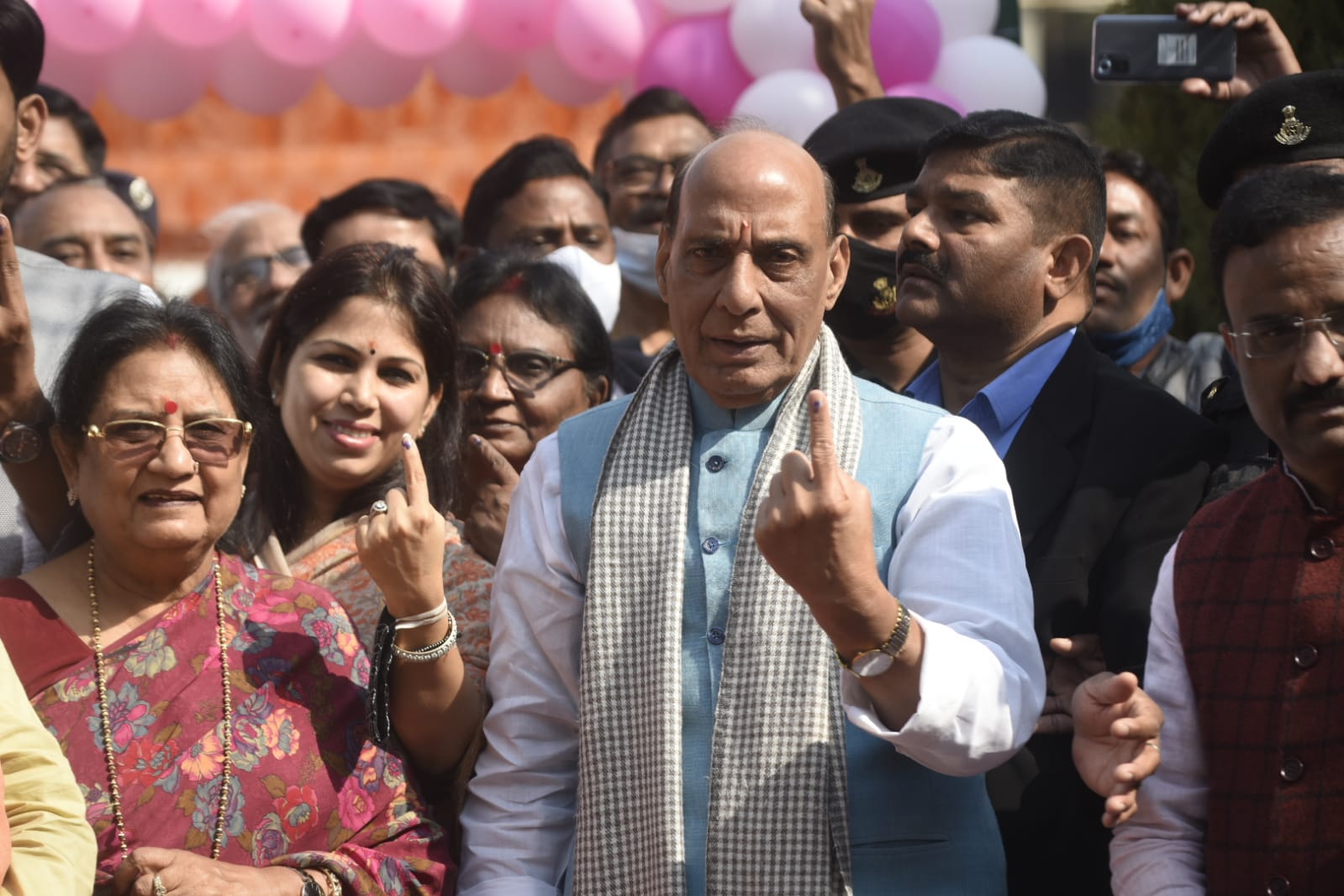 Defence minister Rajnath Singh and his wife after cast their vote at scholars home school polling station Gomti nagar, Lucknow. ( Photo by Deepak Gupta, Hindustan Times)
