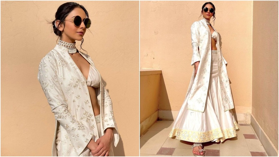 Rakul Preet Singh teams ivory ensemble with statement jewellery pieces. Rakul Preet Singh teams ivory ensemble with statement jewellery pieces. 