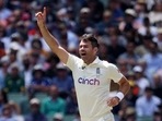 England's James Anderson celebrates after taking the wicket of Australia's Marcus Harris during day 2 of the Third Test.