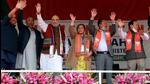 Union Home Minister Amit Shah, Manipur Chief Minister N Biren Singh and others wave to supporters during a public meeting ahead of the Manipur Assembly elections, in Churachandpur on Wednesday. (ANI PHOTO.) Union Home Minister Amit Shah, Manipur Chief Minister N Biren Singh and others wave to supporters during a public meeting ahead of the Manipur Assembly elections, in Churachandpur on Wednesday. (ANI PHOTO.)