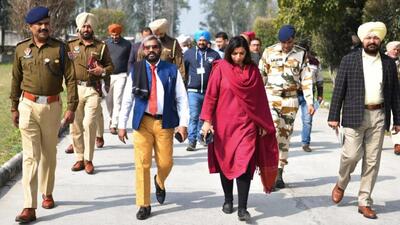 Punjab chief electoral officer S Karuna Raju reviewing the security of strong rooms in Hoshiarpur on Thursday. (HT Photo)