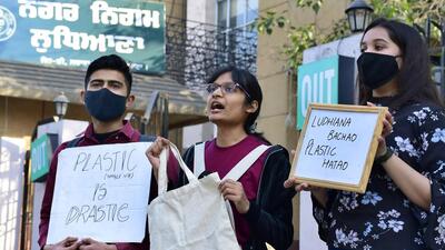 NGO members protesting against Plastic at MC Zone D office in Sarabha Nagar, in Ludhiana on February 24, 2022. (Harsimar Pal Singh/HT) NGO members protesting against Plastic at MC Zone D office in Sarabha Nagar, in Ludhiana on February 24, 2022. (Harsimar Pal Singh/HT)