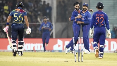 Ravindra Jadeja celebrates with Rohit Sharma after dismissing Dinesh Chandimal during the 1st T20I in Lucknow. (PTI) Ravindra Jadeja celebrates with Rohit Sharma after dismissing Dinesh Chandimal during the 1st T20I in Lucknow. (PTI)