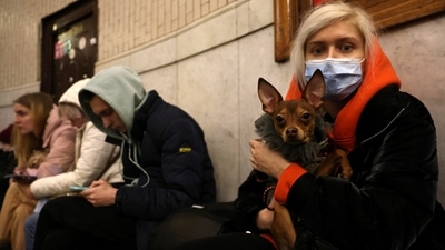 People gather at a metro station as they seek shelter from expected Russian air strikes in Kyiv, Ukraine.&nbsp; (REUTERS)