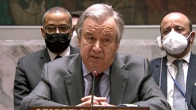 United Nation Secretary-General Antonio Guterres addresses an emergency meeting of the U.N. Security Council on Ukraine to deplore Russia's actions toward the country and plead for diplomacy at he UN headquarters (AP) United Nation Secretary-General Antonio Guterres addresses an emergency meeting of the U.N. Security Council on Ukraine to deplore Russia's actions toward the country and plead for diplomacy at he UN headquarters (AP)
