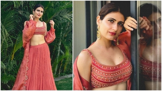 Fatima Sana Shaikh twirls in ₹78k coral chiffon skirt, embroidered blouse and organza cape | Hindustan Times