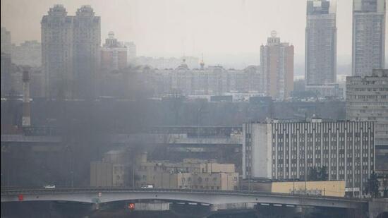 Smoke rises from the territory of the Ukrainian Defence Ministry's unit, after Russian President Vladimir Putin authorized a military operation in eastern Ukraine, in Kyiv, Ukraine February 24, 2022. (REUTERS)