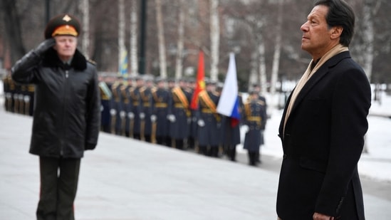 Pakistan's Prime Minister Imran Khan takes part in a wreath-laying ceremony at the Tomb of the Unknown Soldier by the Kremlin Wall in Moscow.