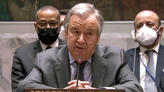 United Nation Secretary-General Antonio Guterres addresses an emergency meeting of the U.N. Security Council on Ukraine to deplore Russia's actions toward the country and plead for diplomacy at he UN headquarters(AP)