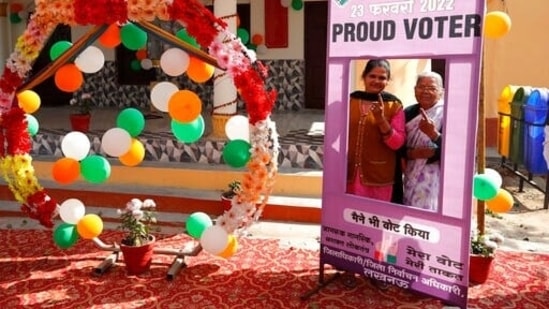 Women voters after casting their votes during the fourth phase of Uttar Pradesh assembly elections. Women voters after casting their votes during the fourth phase of Uttar Pradesh assembly elections. 